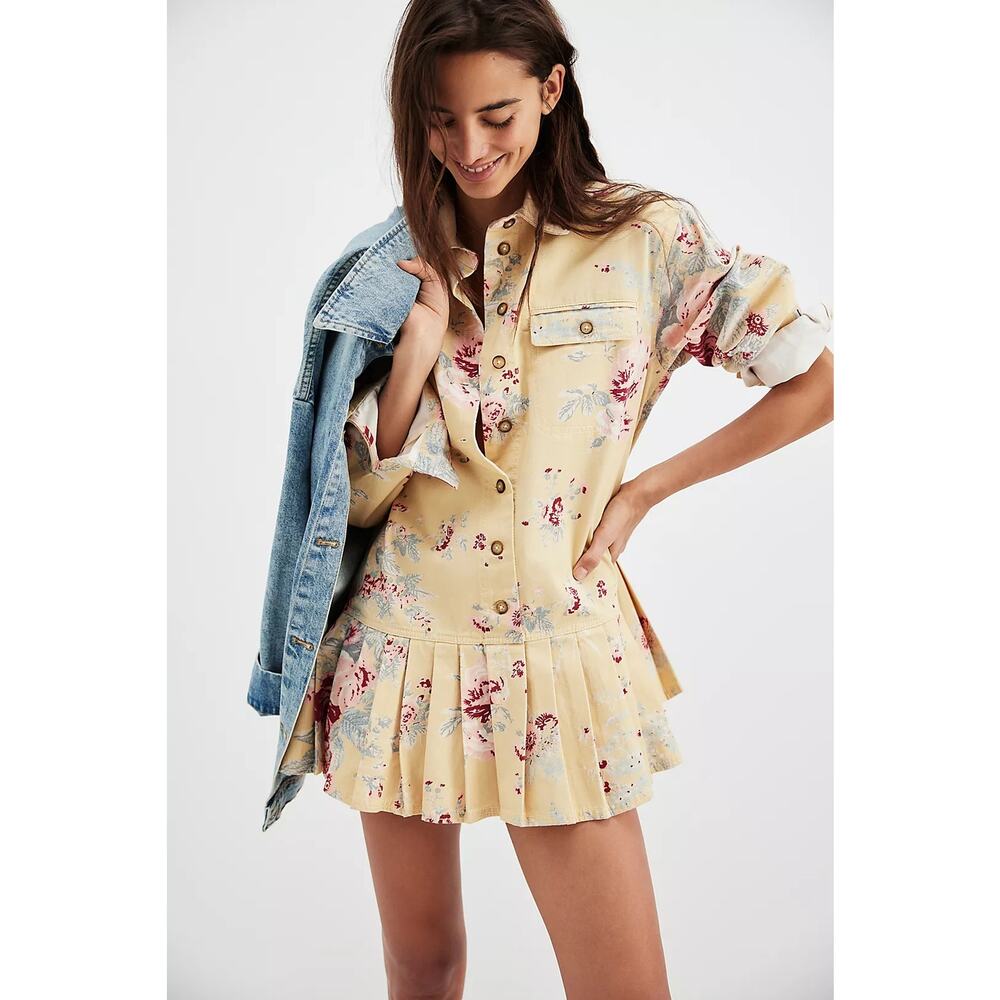 New Free People Connor Floral Printed Mini Dress $168 X-SMALL Yellow Boho Button - Picture 5 of 8